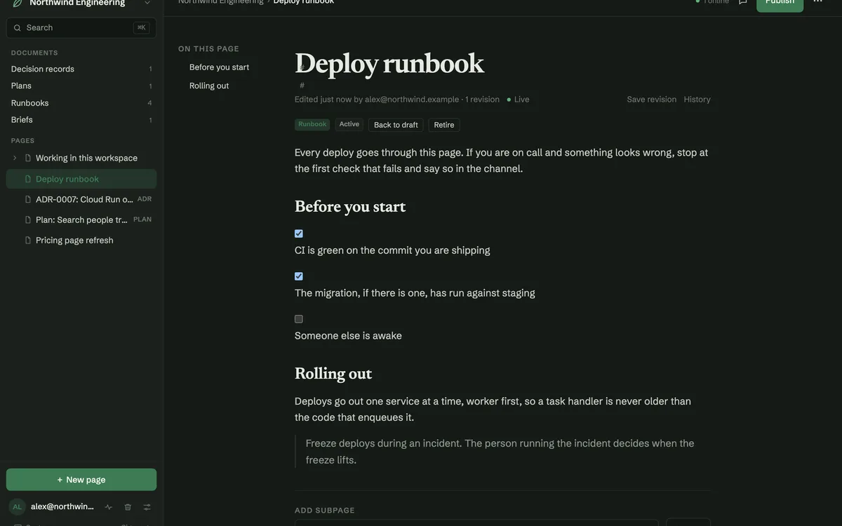 Bladbase editor — a deploy runbook with typed documents in the sidebar, live status, and revision history