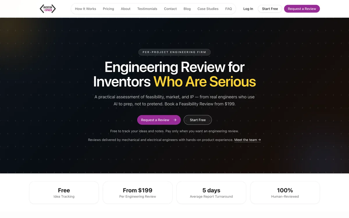 Invention Space home page — engineering review for inventors, with pricing and turnaround stats