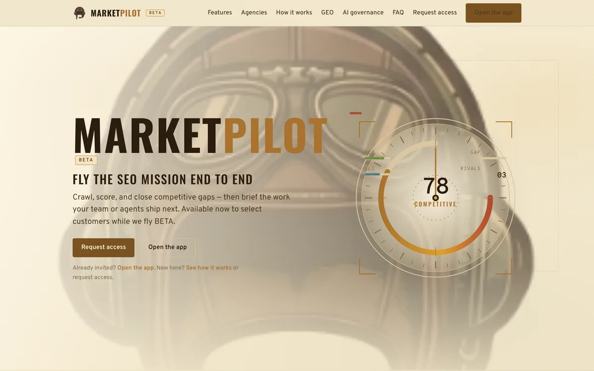 MarketPilot home page — the competitive score gauge and the end-to-end SEO pipeline
